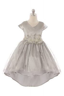 Girls Dress Style - 401 Stunning Short Sleeve Satin Dress with Flower Details in Choice of Color